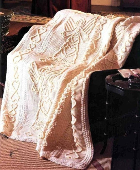 Vintage Crochet Pattern Heavenly Angels Hearts Paneled Afghan PDF Instant Digital Download Puffy Bobble Picots & Tunisian Stitch 10 Ply