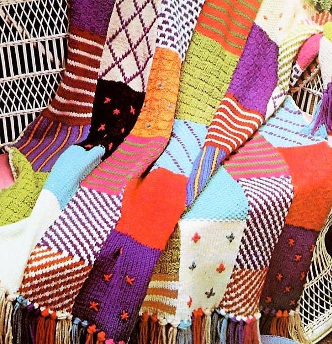 Vintage Knitting Pattern Crazy Quilt Afghan Knitted Patchwork Squares Blanket PDF Instant Digital Download Embroidery Work 4 Ply