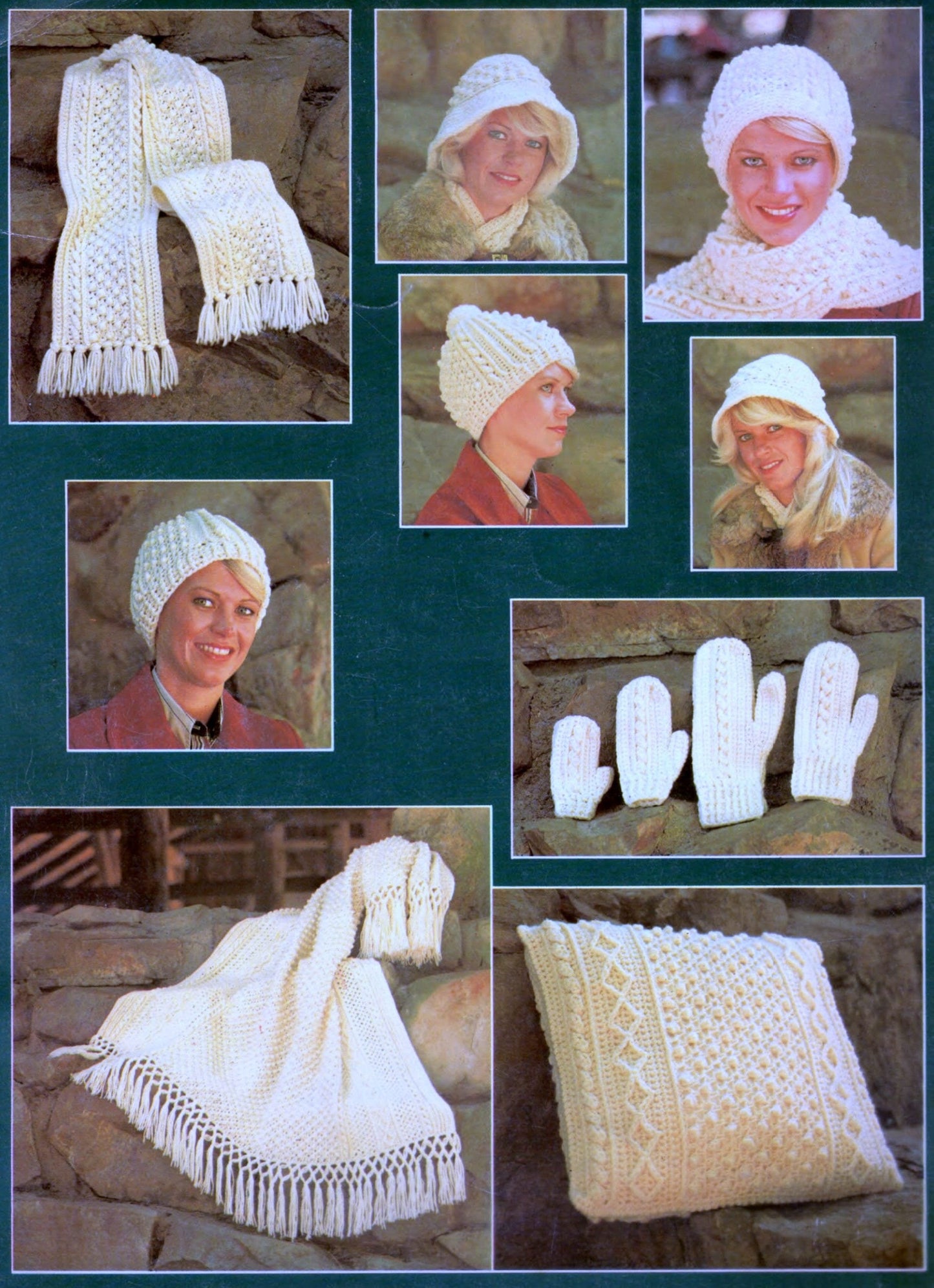 Vintage Crochet Patterns Aran Fisherman Afghan & Womens Accessories Hat Mittens Scarf Throw Pillow Set PDF Instant Digital Download 8 10 Ply