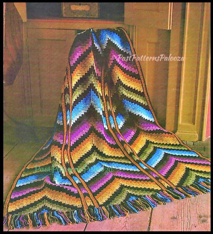 Vintage Crochet Pattern Florentine Chevron Ripple Afghan PDF Instant Digital Download Embroidered Jewel Tones Tunisian Stitch 54x72 10 Ply