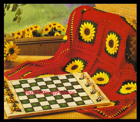 Vintage Crochet Pattern Bright Sunflowers Motif Granny Squares Afghan PDF Instant Digital Download Sun Flower Blanket 44x54 10 Ply