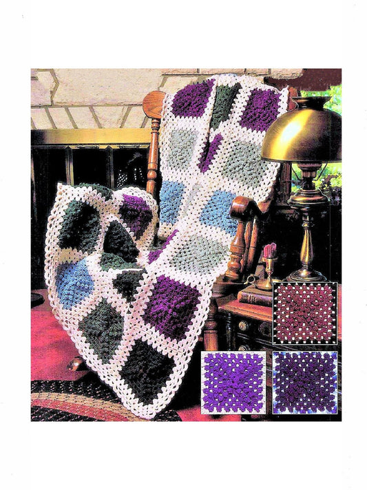 Vintage Crochet Pattern Popcorn Gemstone Granny Squares Afghan PDF Instant Digital Download Pretty Jewel Blocks Throw Blanket 44x61 10 Ply