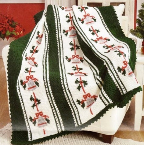 Vintage Crochet Pattern Silver Christmas Bells Afghan PDF Instant Digital Download Tunisian Stitch with Cross Stitch 48x67 10 Ply