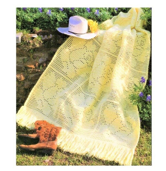 Vintage Filet Crochet Pattern Yellow Rose Squares Afghan PDF Instant Digital Download Floral Flower Blanket 49x68 10 Ply