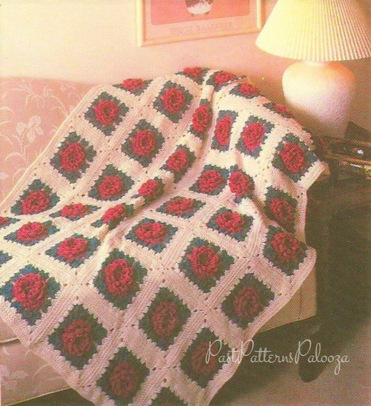 Vintage Crochet Pattern Blooming Cabbage Roses Granny Square Afghan PDF Instant Digital Download Petal Flowers Blanket 47x62 4 Ply