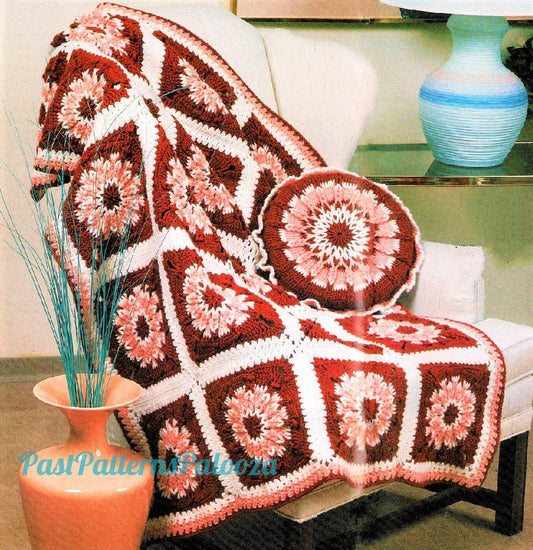 Vintage Crochet Pattern Retro Starburst Flower Block Afghan & Pillow Set PDF Instant Digital Download Floral Granny Squares Blanket 10 Ply