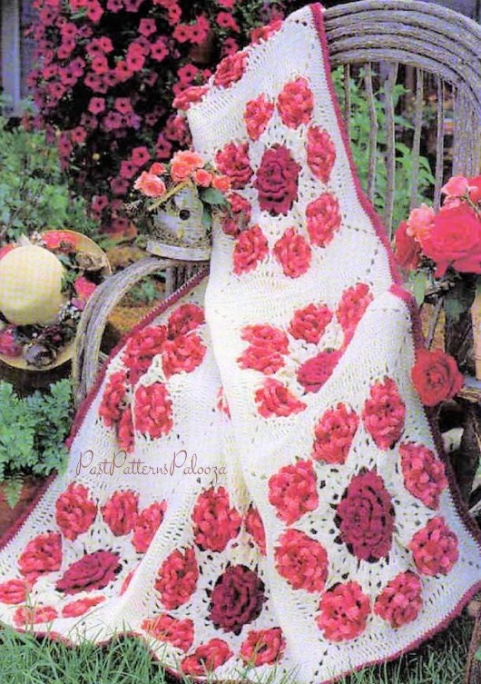 Vintage Crochet Pattern Ring Around A Rose Afghan PDF Instant Digital Download Romantic Pop Out Cabbage Roses Flowers Lacy Blanket 10 Ply