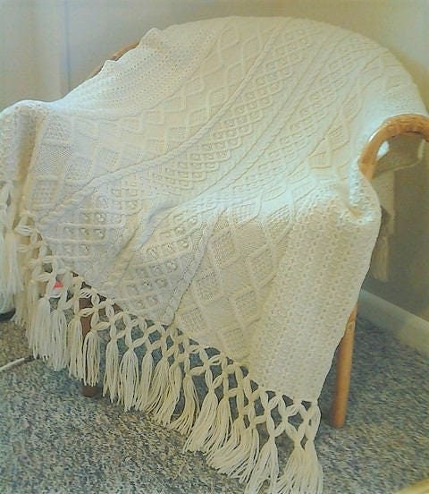 Vintage Knitting Pattern Classic Aran Fisherman Afghan PDF Instant Digital Download 5 Panels Cable Twist Popcorn Diamonds 10 Ply