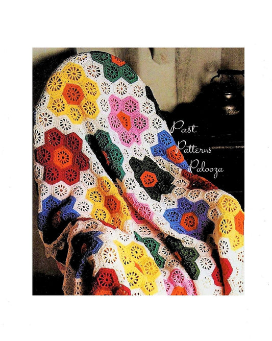 Vintage Crochet Pattern Colorful Hexagon Flower Blanket Granny Square Afghan PDF Instant Digital Download Scrap Yarn Throw 69x54 5 Ply