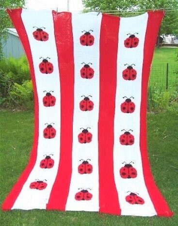 Vintage Knitting Pattern Ladybug  Stripes Afghan PDF Instant Digital Download Lady Bug Ladybird  Motif Throw Blanket 54x73 4 Ply