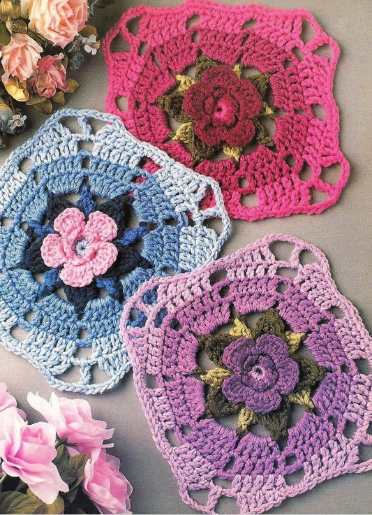 Vintage Crochet Pattern Rose Circles in Granny Squares Flower Afghan Bedspread PDF Instant Digital Download Pretty Floral Blanket 10 Ply