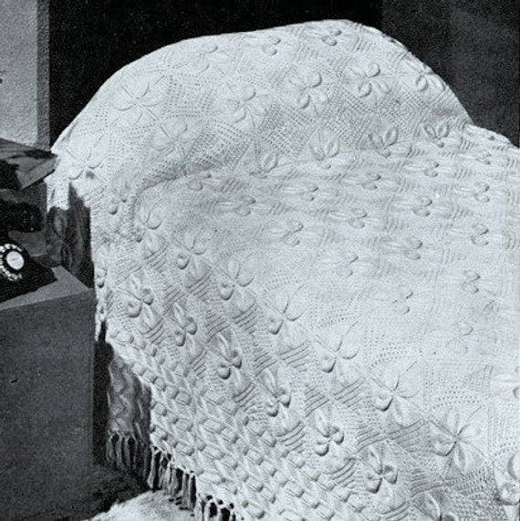 Vintage Knitting Pattern Raised Apricot Leaf Blanket Counterpane Afghan Bedspread Throw Cushion Set PDF Instant Digital Download Any Size