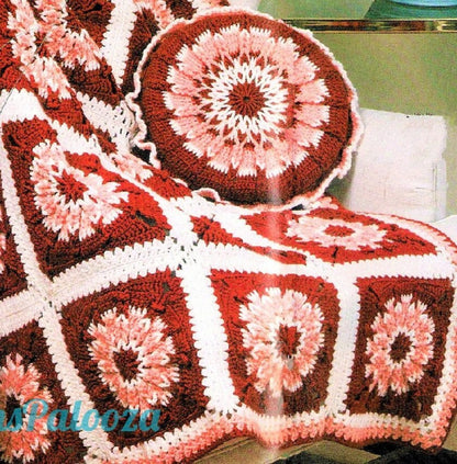 Vintage Crochet Pattern Retro Starburst Flower Block Afghan & Pillow Set PDF Instant Digital Download Floral Granny Squares Blanket 10 Ply