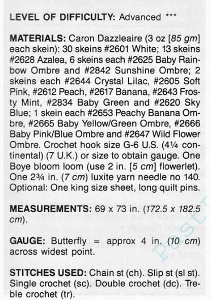 Vintage Crochet Pattern Rainbow Butterflies and Blooms Afghan PDF Instant Digital Download Retro Floral Butterfly Garden Bedspread Blanket
