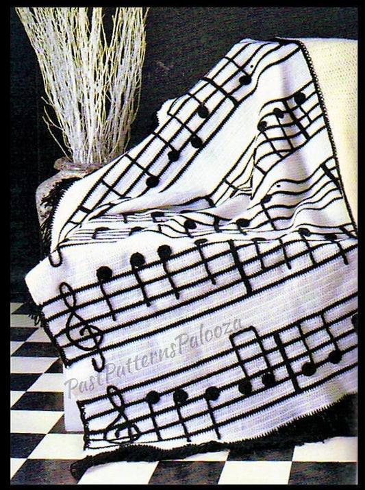 Vintage Crochet Pattern Musical Notes Afghan PDF Instant Digital Download Music Lovers Throw Blanket 50x55 Easy Beginners