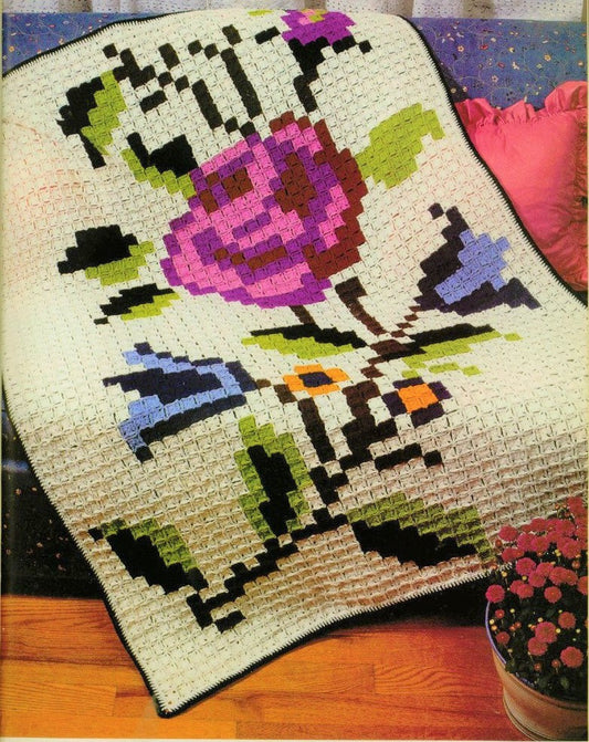 Vintage Crochet Pattern Mosaic Rose Picture Afghan Small Tiny Granny Squares PDF Instant Digital Download Large Flower Throw Blanket 5 Ply