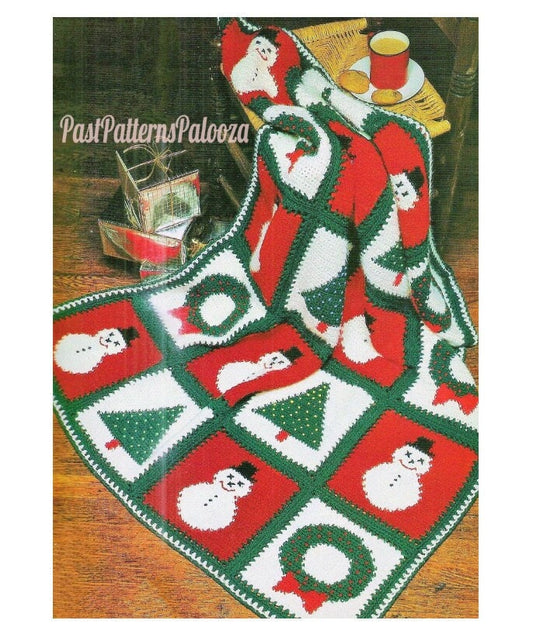 Vintage Crochet Pattern Christmas Granny Squares Snowman Tree Wreath Afghan PDF Instant Digital Download Fun Festive Blanket 10 Ply