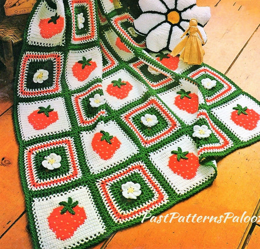 Vintage Crochet Pattern Strawberries Rosette Blossoms Afghan Granny Squares PDF Instant Digital Download Berries Flowers Blanket 10 Ply
