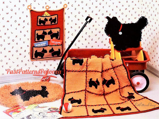 Vintage Crochet Pattern Scottie Dog Afghan Wall Hanging Pillow Toy Rug Set PDF Instant Digital Download Cute Doggie Room Decor 10 Ply