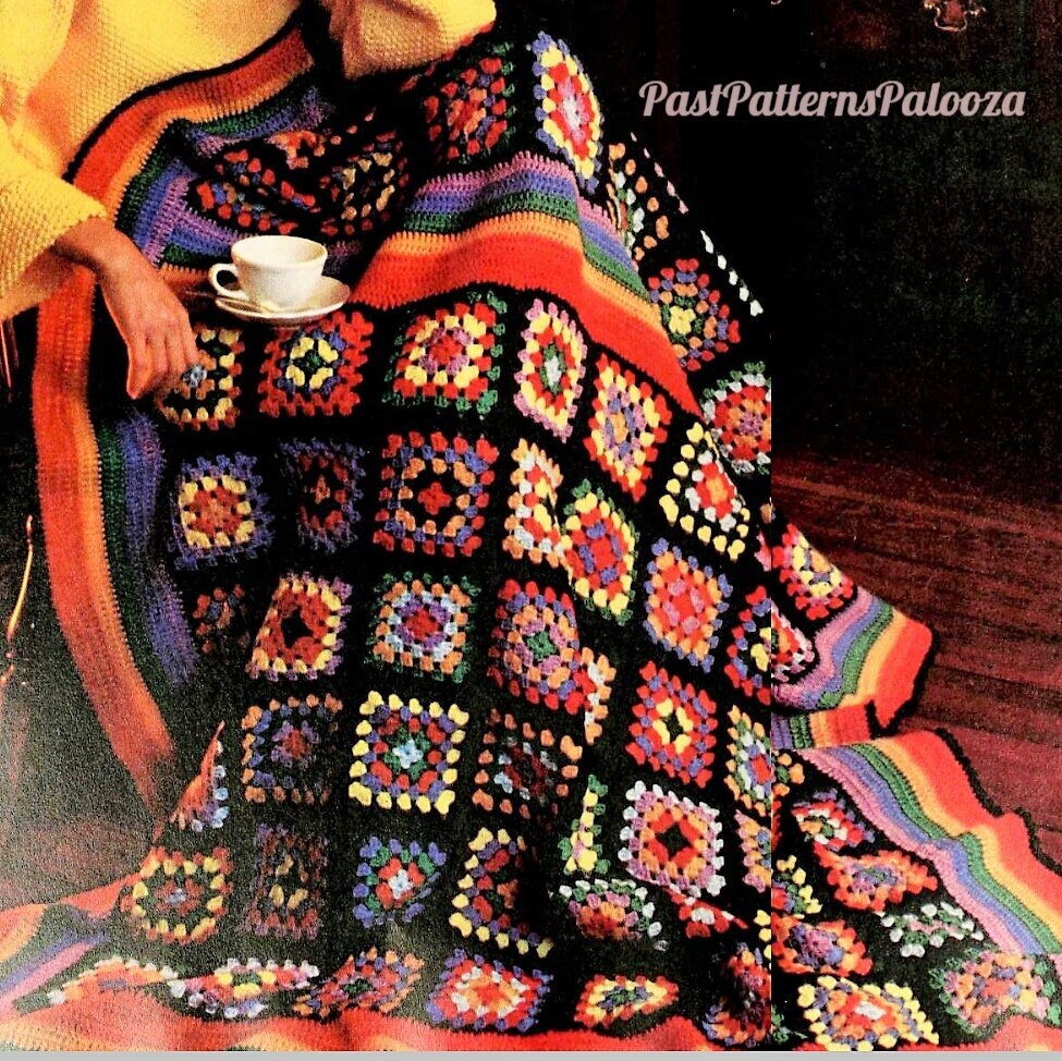 Vintage Crochet Pattern Retro Country Rainbow Classic Granny Squares Afghan PDF Instant Digital Download Scrap Yarn Blanket 64x74 10 Ply