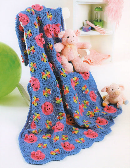 Vintage Crochet Pig Afghan Pattern PDF Instant Digital Download Granny Square Piggy Floral Motifs Animal Afghan 10 Ply