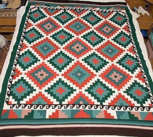 Vintage Crochet Geometric Indian Afghan Pattern PDF Instant Digital Download Retro Diamonds Indian Blanket Tunisian Stitch 51x72 10 Ply