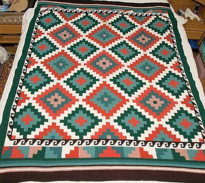 Vintage Crochet Geometric Indian Afghan Pattern PDF Instant Digital Download Retro Diamonds Indian Blanket Tunisian Stitch 51x72 10 Ply