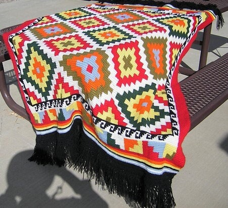Vintage Crochet Geometric Indian Afghan Pattern PDF Instant Digital Download Retro Diamonds Indian Blanket Tunisian Stitch 51x72 10 Ply