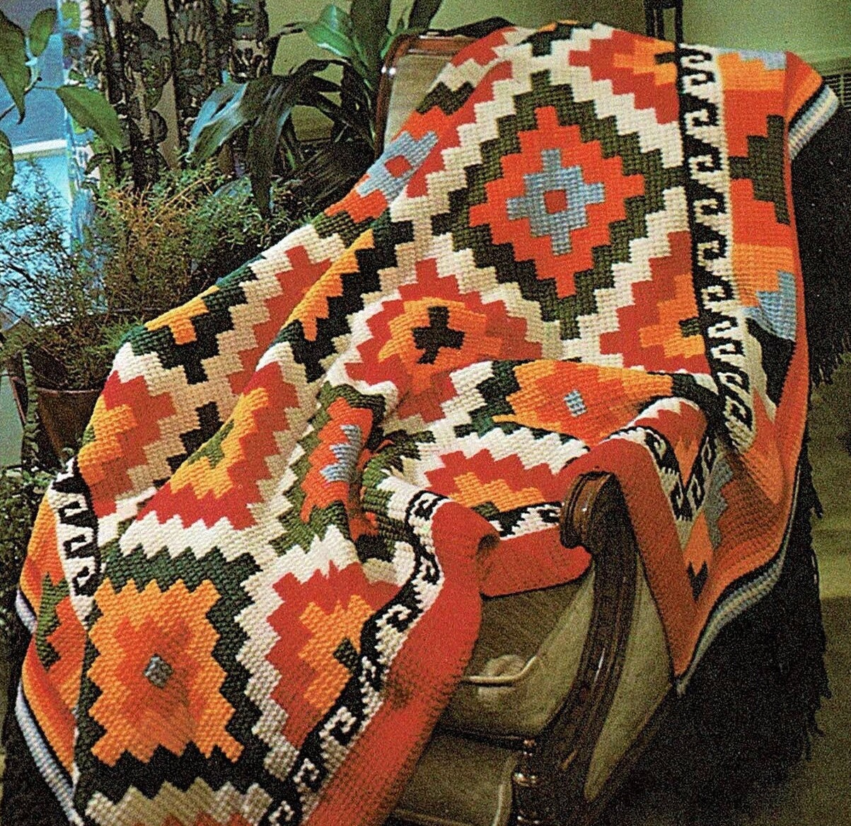 Vintage Crochet Geometric Indian Afghan Pattern PDF Instant Digital Download Retro Diamonds Indian Blanket Tunisian Stitch 51x72 10 Ply
