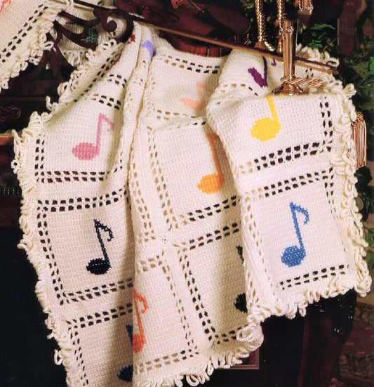 Vintage Crochet Pattern Music Notes Afghan Design PDF Instant Digital Download Musical Throw Blanket Cross Stitch Colorful Notes 10 Ply