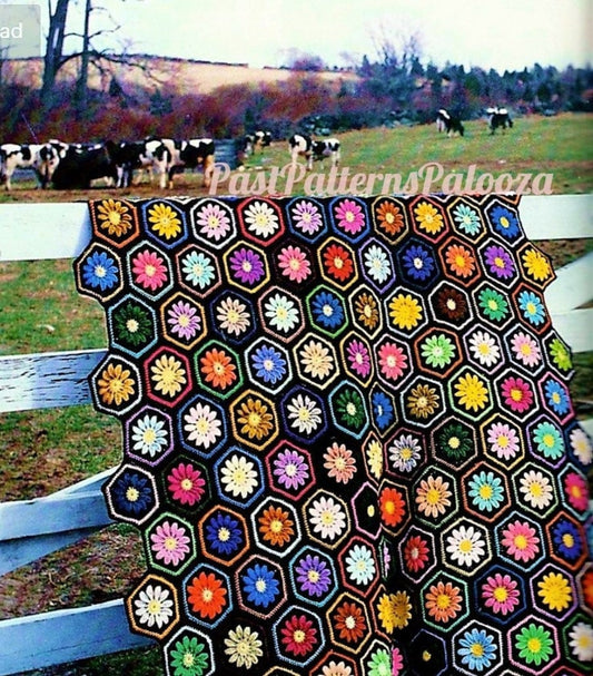 Vintage Crochet Pattern Daisy Flower Hexagon Afghan She Loves Me She Loves Me Not c. 1978 PDF Instant Digital Download Granny Square 10 Ply