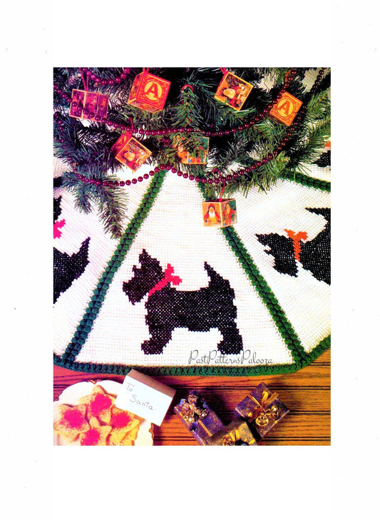 Vintage Crochet Pattern 44" Scottie Dog Christmas Tree Skirt PDF Instant Digital Download Afghan Tunisian Stitch Cross Stitch 4 Ply