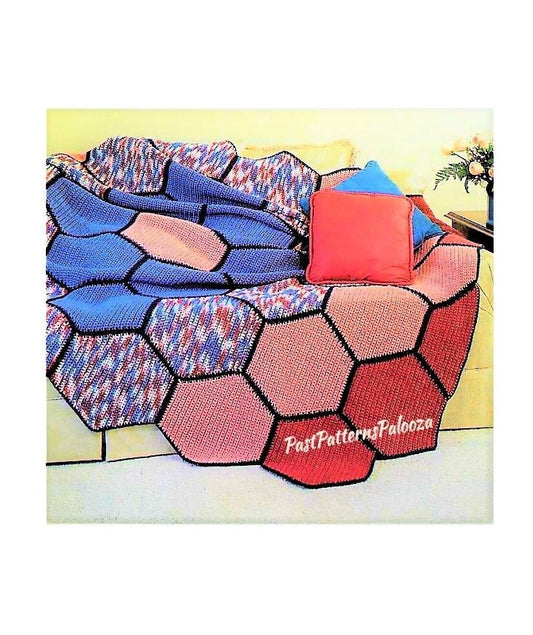 Vintage Crochet Pattern Geometric Hexagon Blanket Afghan PDF Instant Digital Download Quick Easy Colorful Throw 75x75 10 Ply
