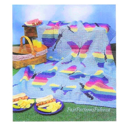 Vintage Crochet Pattern Rainbow Butterflies Afghan PDF Instant Digital Download Retro Throw Blanket 46x65