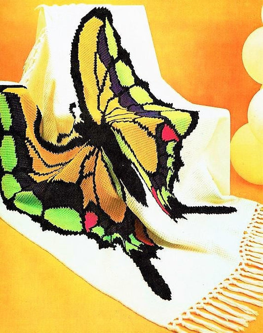 Vintage Crochet Pattern Butterfly Afghan PDF Instant Digital Download Tunisian Stitch 51x64 10 Ply