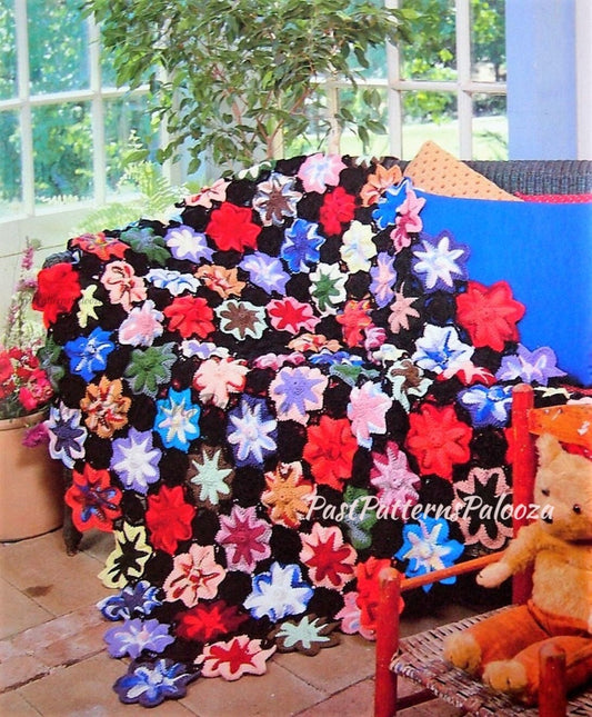 Vintage Crochet Pattern Gothic Flower Bed Afghan PDF Instant Digital Download Pretty Floral Motif Blanket Black Background 63x77 10 Ply