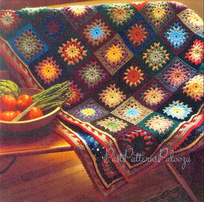 Vintage Crochet Pattern Puff Stitch Granny Square Flower Wheels Afghan PDF Instant Digital Download Floral Wheel Motif Blanket 10 Ply