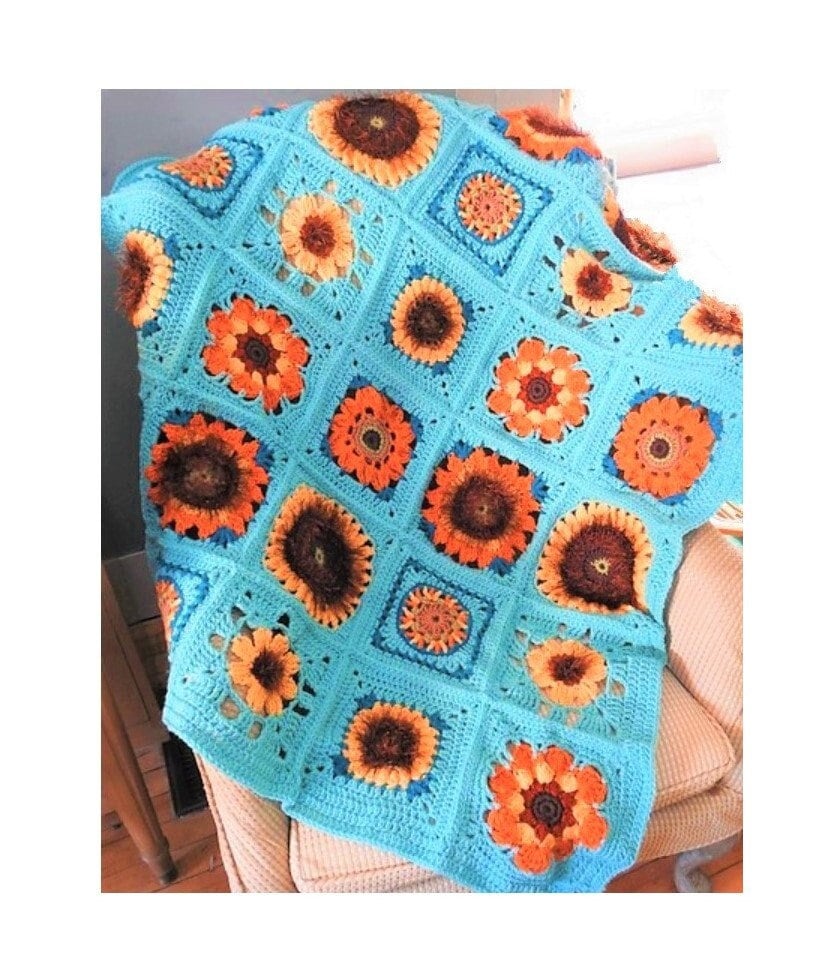 Vintage Crochet Pattern Sunflower Squares Sampler Afghan Granny Square Sun Flower 7 Motif Medley Blanket PDF Instant Digital Download 10 Ply