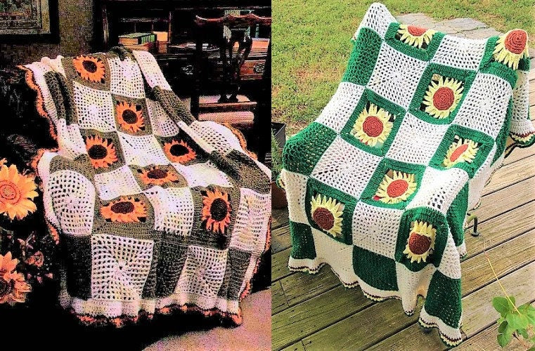 Crochet Sunflowers and Squares Motif Afghan Pattern PDF Instant Digital Download Vintage Sun Flowers Blanket 45x60 10 Ply