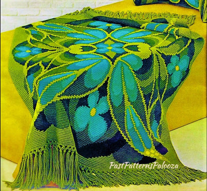 Vintage Crochet Pattern Butterfly Wing Afghan PDF Instant Digital Download Boho Mod Flower Design Tunisian Stitch 49x63 10 Ply