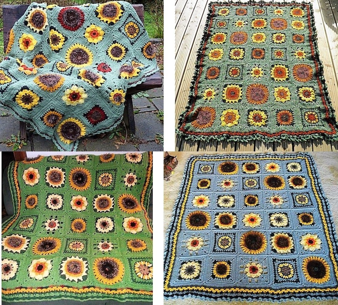 Vintage Crochet Pattern Sunflower Squares Sampler Afghan Granny Square Sun Flower 7 Motif Medley Blanket PDF Instant Digital Download 10 Ply