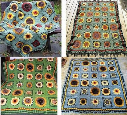 Vintage Crochet Pattern Sunflower Squares Sampler Afghan Granny Square Sun Flower 7 Motif Medley Blanket PDF Instant Digital Download 10 Ply
