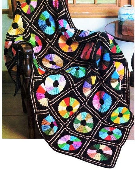 Vintage Crochet Pattern Rainbow Wheels Granny Square Afghan Dresden Plate Quilt Styled Blanket PDF Instant Digital Download  50x70 10 Ply