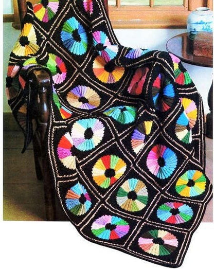 Vintage Crochet Pattern Rainbow Wheels Granny Square Afghan Dresden Plate Quilt Styled Blanket PDF Instant Digital Download  50x70 10 Ply