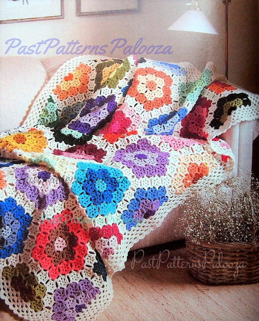 Vintage Crochet Pattern Lacy Grannys Hexagon Flower Garden Afghan PDF Instant Digital Download Tricolor Floral Motif Picture Blanket 10 Ply