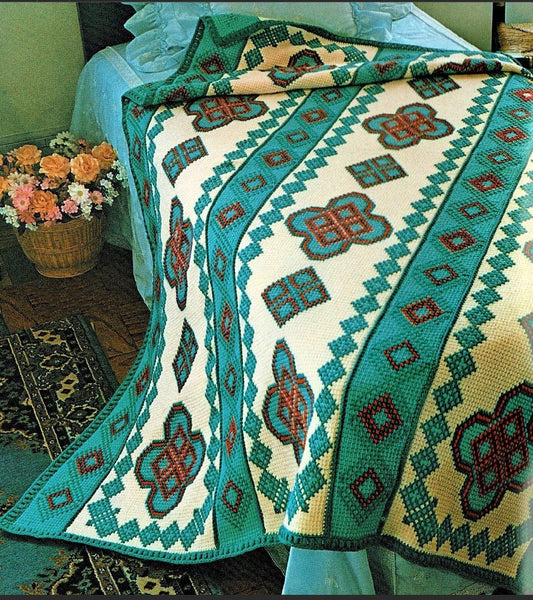 Vintage Crochet Navajo Afghan Pattern PDF Instant Digital Download Embroidered Diamonds Crosses Design Tunisian Stitch 63x78 10 Ply