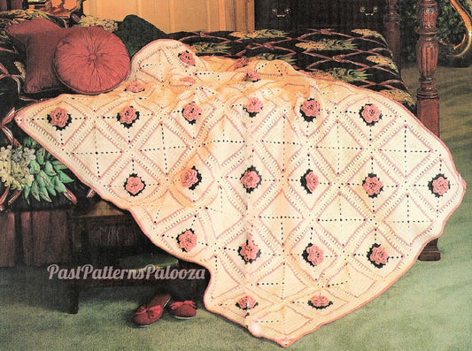 Vintage Crochet Pattern Victorian Rose Squares Afghan PDF Instant Digital Download Petal Flowers Blanket 4 Ply Worsted 52x68"