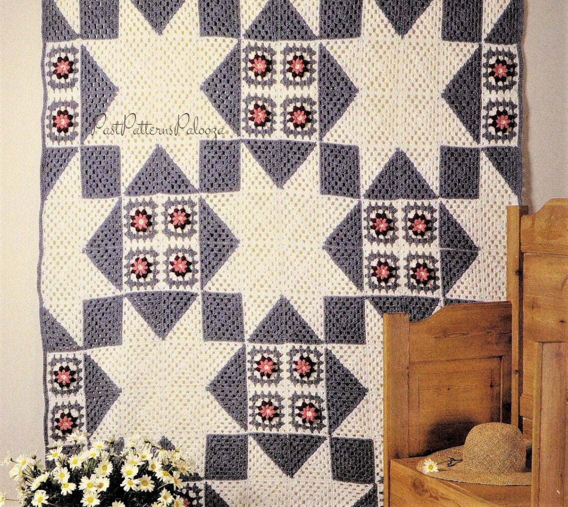 Vintage Crochet Pattern Texas Star Quilt and Rose Granny Square Afghan PDF Instant Digital Download Square Blanket 72x72" 10 Ply