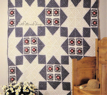 Vintage Crochet Pattern Texas Star Quilt and Rose Granny Square Afghan PDF Instant Digital Download Square Blanket 72x72" 10 Ply