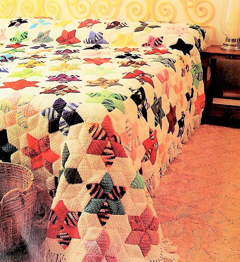 Vintage Crochet Pattern Star Quilt Patchwork Bedspread Afghan PDF Instant Digital Download Beautiful Diamond Hexagon Bed Cover 10 Ply